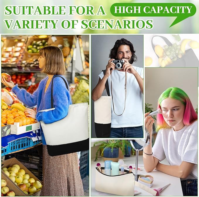 Sanwuta Canvas Tote Bags Bulk with Zipper Cosmetic Pouch 18.5" Reusable Cotton Shopping Bag with Handle for DIY Craft