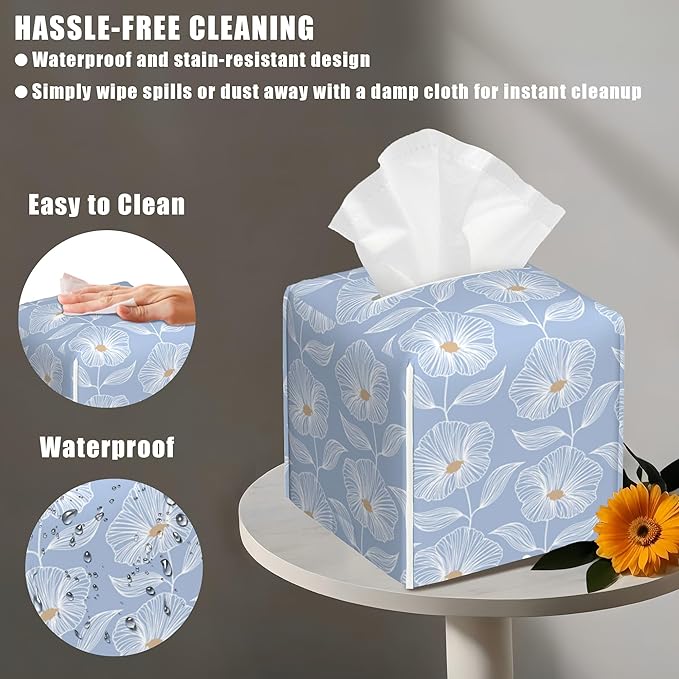 Leather Tissue Box Holder Blue Floral Tissue Box Cover Facial Paper Case Organizer Cube Napkin Dispenser for Bathroom Vanity Countertop Night Stand Office Car