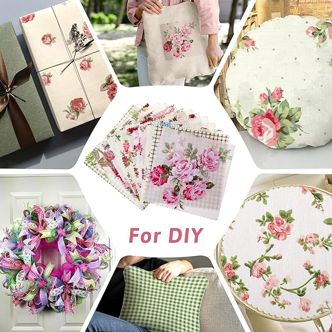 Hanjunzhao 14 Pcs Plaid Vintage Floral Print Fabric Fat Quarters Bundles 18 x 22 Inch Rose Flowers Sewing Fabrics for Quilting - Holiday DIY Craft Party Decor -Vintage Floral