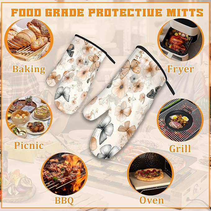 Butterfly Oven Mitts and Pot Holders,Boho Floral Flower Heat Resistant Oven Mitts Gloves and Pot Holder for Home Kitchen Decorations Cooking Baking BBQ Gifts,Set of 4