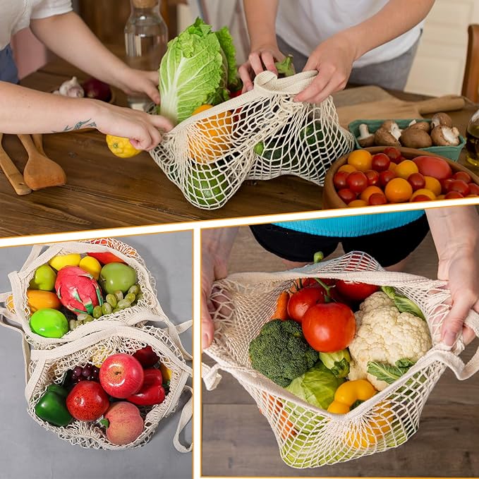 Nodaaiie 12 Pack Reusable Cotton Mesh Grocery Bags Farmers Market Bag Eco-Friendly Washable Net Tote Bag with Long Handles for Fruits, Vegetables, Shopping, and Beach (Beige, 23.6"×14")