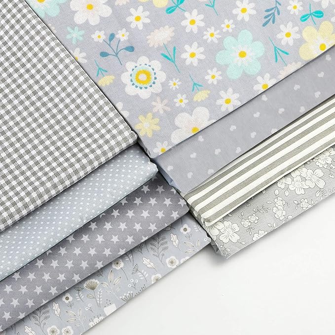 Aubliss 8pcs Fat Quarter Fabric Bundles 100% Cotton 20'' x 20''Quilting Cotton Craft Fabric Pre-Cut Squares Sheets for Patchwork Sewing Quilting Crafting(Grey Flower)