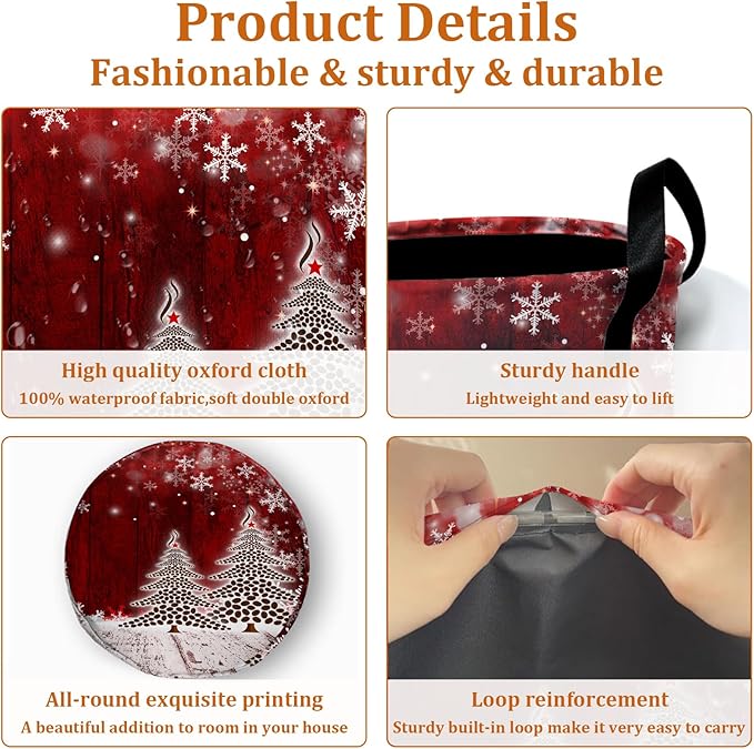 Coffee Bean Tree Laundry Basket with Sturdy Handles, Red Christmas Snowflake Collapsible Oxford Cloth Laundry Hamper Organizer Basket for Bathroom Bedroom 15.7x20 Inch
