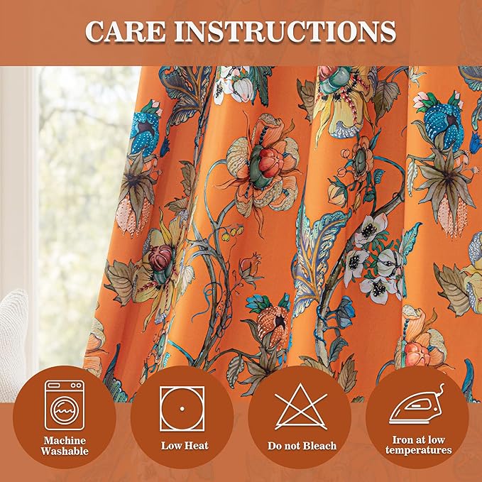 MYSKY HOME 95% Blackout Floral Curtains 63 Inches Long 2 Panels Set for Bedroom Thermal Insulated Light Blocking Curtain Printed Flower Vintage Style Grommet Top Drapes for Girls Room, 52" W, Orange