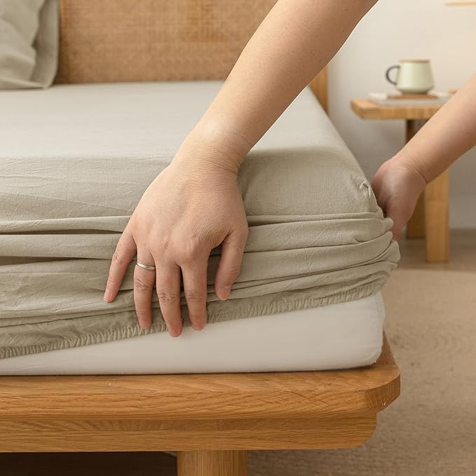 BESTOUCH Sheet Set 100% Washed Cotton Linen Feel Super Soft Comfortable Chic Lightweight 4 Pcs Home Bedding Set Solid Almond Milk Grey Cal King