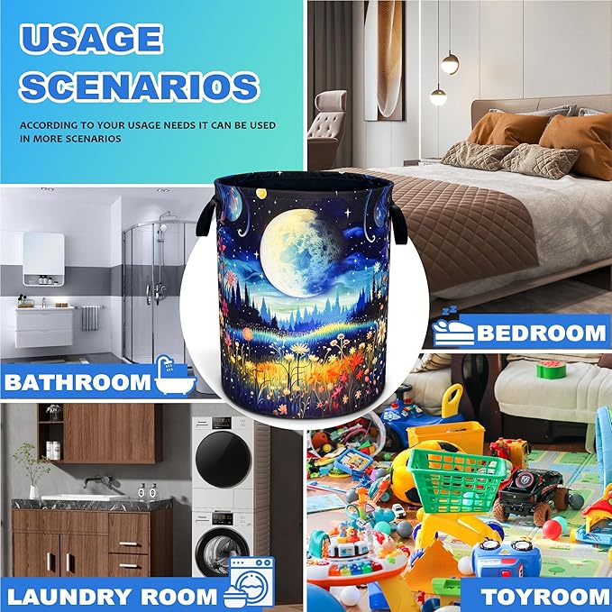 Moon Forest Flowers Laundry Basket Oxford Cloth Beautiful Night Laundry Hamper With Handle Foldable Portable Clothes Storage Basket 18.9 X 16.5 In Storage Bag For Laundry Room/Bathroom/Bedroom