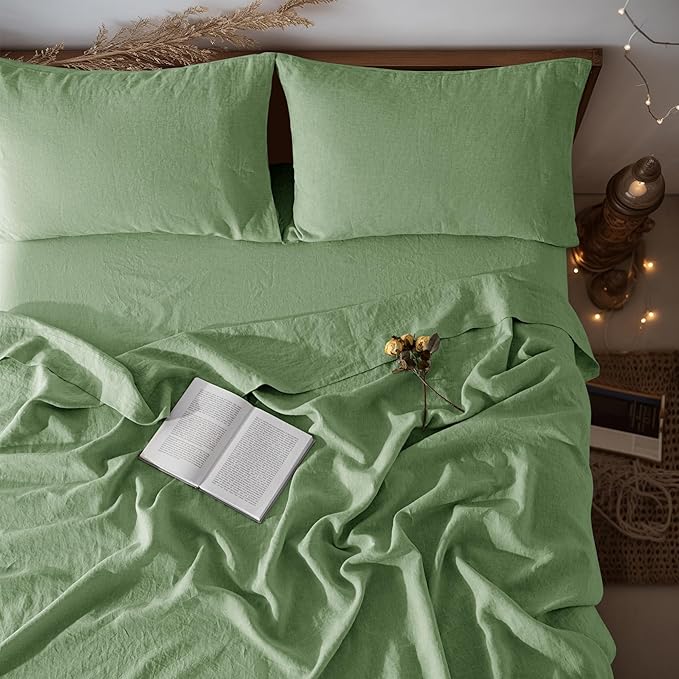 LBRO2M 100% Linen Sheet Set Queen Size,Bed Sheets 4 Piece Sets,Solid Color Natural Flax Bed Sheets Soft Breathable Bedding,16" Deep Pocket,All Season (Queen, Green)
