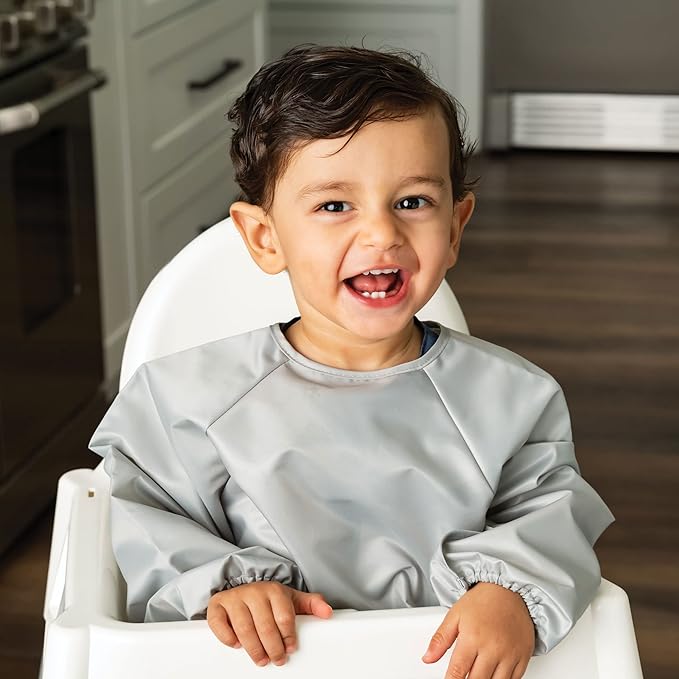 Tiny Twinkle Long Sleeve Bib for Babies & Toddlers | 2-Pack Waterproof Smock Bib for Eating | Machine Washable & Mess-Proof Feeding Essentials | Newborn Shower Gift (Grey Indigo,6–24M)