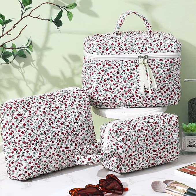 Paterr Makeup Bag Set 3 Pcs Large Quilted Cotton Make up Bags for Women Cosmetic Travel Toiletry Organizer Pouch Cute Aesthetic Storage Purse(Red,Red Floral)