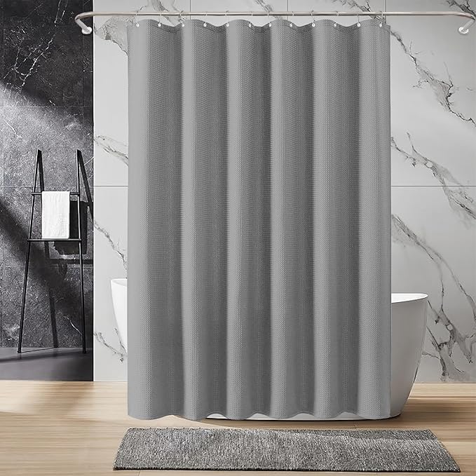 Inhousolu Fabric Shower Curtain Waffle Weave, 230 GSM Heavy Duty, Weighted Hem, 14 Metal Hooks, Water Repellent, Machine Washable, Hotel Spa Luxury Bath Curtain Set, 72 x 72 Inch, Grey