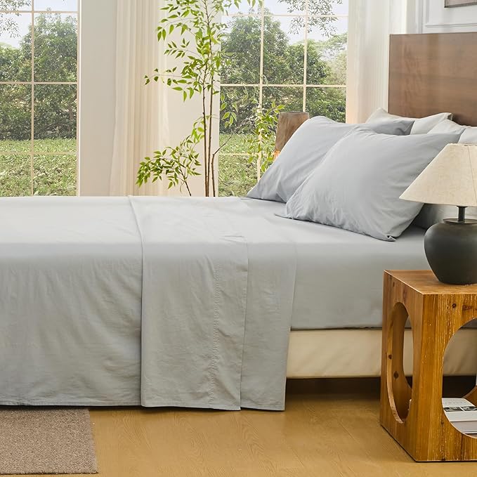Bedlifes 100% French Linen Sheets King Size 18-24”Extra Deep Pocket 4-Piece Set Breathable & Moisture-Wicking,Soft & Durable Sheets for Thick Mattresses(Grey)