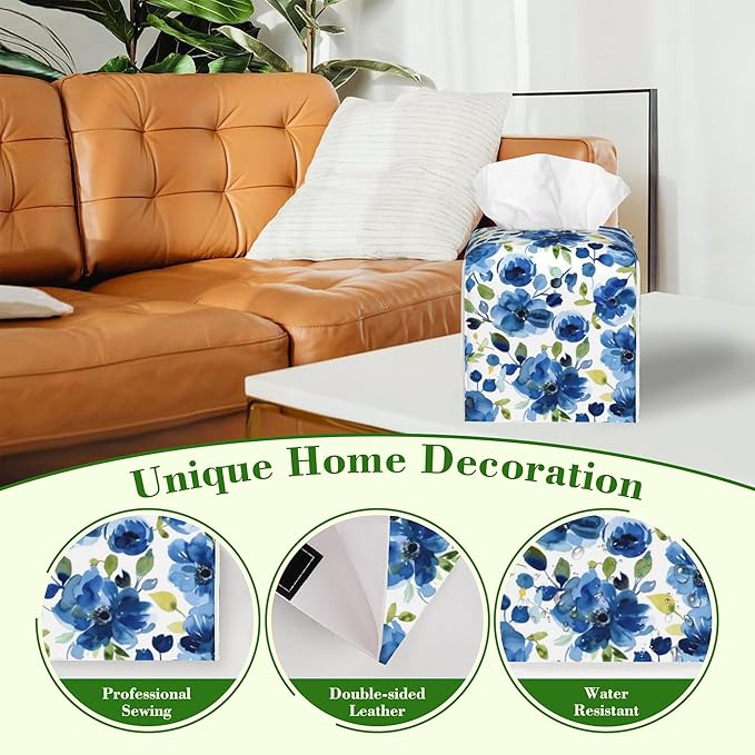 Blue Blooming Floral Flower and Plants Tissue Box Cover Square Leather Tissue Holder Waterproof Facial Paper Organizer Dispenser Cube Paper Cover Case for Home Office Bathroom Vanity Countertop