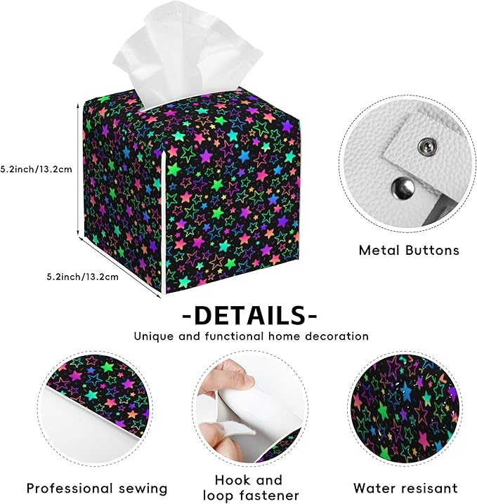 Neon Stars Tissue Box Cover Square,Tissue Box Holder with Belt Bottom,Stylish Leather Napkin Holder for Vanity Countertop,Nightstands,Office Desk,5.2"×5.2"×5.2"