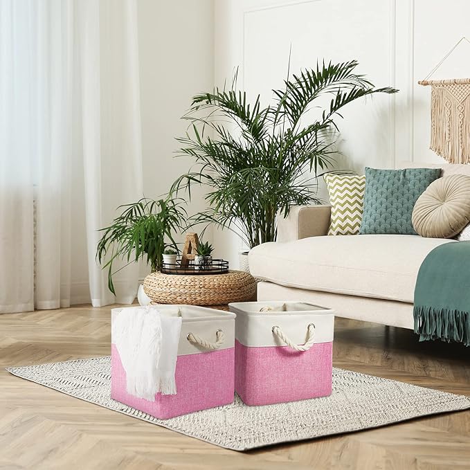 Geiserailie 6 Pcs 11 x 11 Inch Cube Storage Bins Fabric Storage Organizer Bins Foldable Cube Baskets with Sturdy Carry Handles Wicker Baskets for Home (Pink and White)