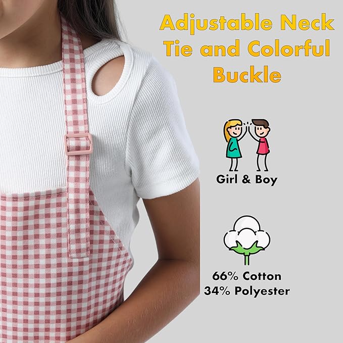 Kids Aprons for Cooking Waterdrop Resistant Aprons for Girl & Boy Toddler Apron for Painting, Gardening, Baking, Smock (Plaid Powder Pink, Medium (6-10 years)