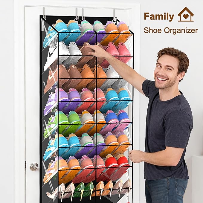 30 Pairs Over the Door Shoe Organizer, Transparent PVC Hanging Shoe Rack for Closet, 10-Tier Door Shoes Storage, Crystal-Clear Visibility Fit All the Family's Sneakers, Boots, Heels, Black Frame