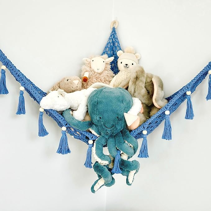 Sasa Baby and Toddler Macrame Toy Hammock for Stuffed Animals - Toy Hammock Net for Stuffed Animals Corner, Blue Nursery Decor, Plush Hammock, Hanging Stuffed Animal Organizer, Deep Sea Blue