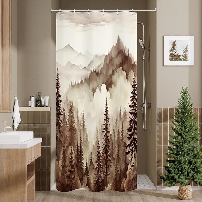 Litabel Brown Small Stall Misty Pine Forest Shower Curtain 36 x 72, Tan Mountain Foggy Woodland Scenery Tree Narrow Half Size Shower Curtains for Bathroom, Abstract Waterproof Nature-Themed Decor