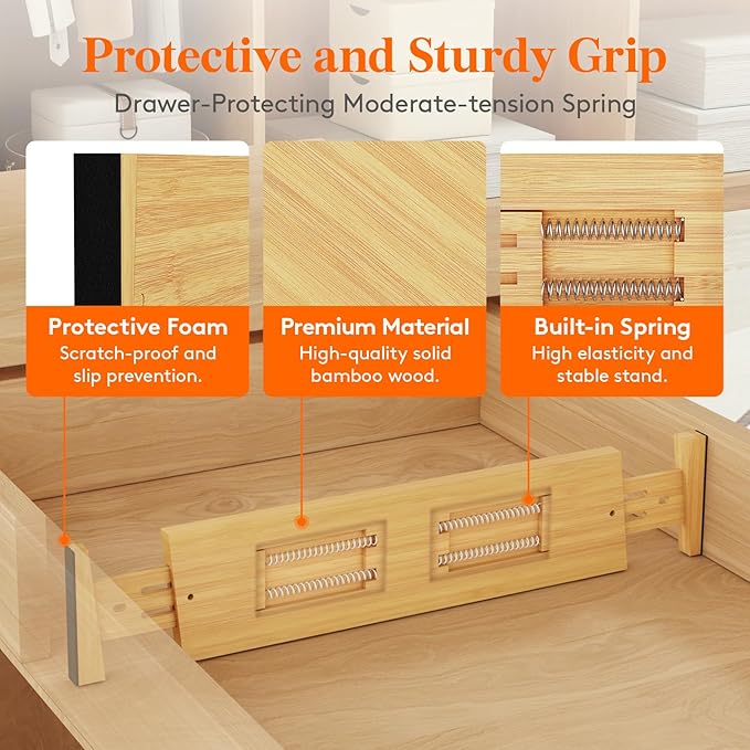 Lifewit 5 Pack 4" High Bamboo Drawer Dividers, 17-21.5" Adjustable Drawer Organizers for Clothes, Wood Dresser Drawer Divider, Expandable Deep Drawer Separators for Dresser, Kitchen, Bedroom, Bathroom