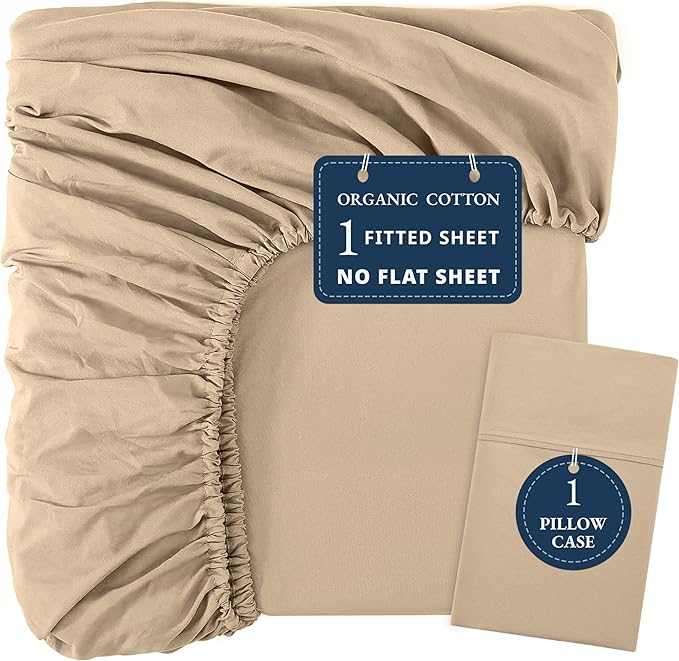 LANE LINEN Twin XL Fitted Sheet, 100% Organic Cotton 2-Piece Set (1 Fitted Sheet, 1 Pillowcase), Percale Weave, Bottom Sheet, Soft, Breathable, Fits Mattress Upto 15" Deep - Linen (No Flat Sheet)