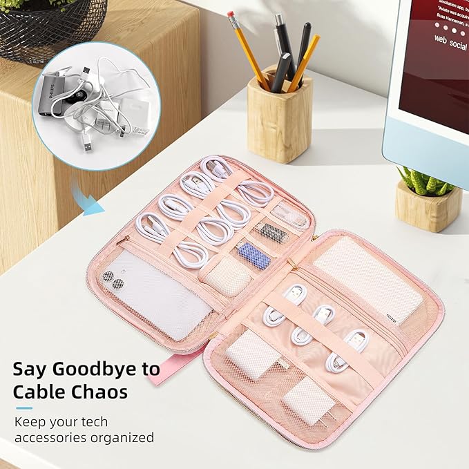ZFZGFRCS Electronics Organizer Travel Case, Charger Bag Cord Organizer Travel, All-in-One Cable Organizer Bag for Charger, Cords, Phone, Headphones, Flash Drive, SD Card (Pink, Large-Double Layer)