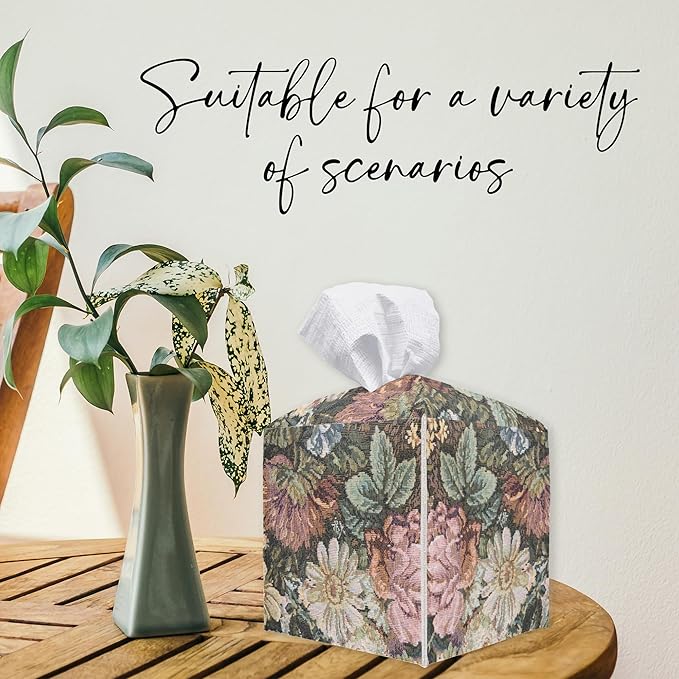Vintage Flower Square Tissue Box Holder Cover, Tissue Cube Box Organizer for Bathroom, Living Room, Office, Countertop, Car, Night Stands, Modern Home Desk Tabletop Decor - A05