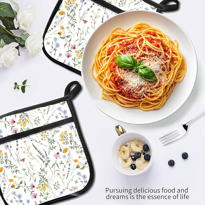 2 Pack Pot Holders for Kitchen Clearance, Cute Hot Pads, Funny Oven Pot Holders, Potholders Sets for Kitchen Heat Resistant Beautiful Flowers