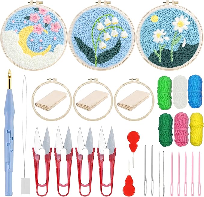 Woohome Punch Needle Kit Included Plastic Hoops, Punch Needle Cloth, Color Yarn and Punch Needle Tools for Adults, Beginners (Chrysanthemum and Cherry Blossom)