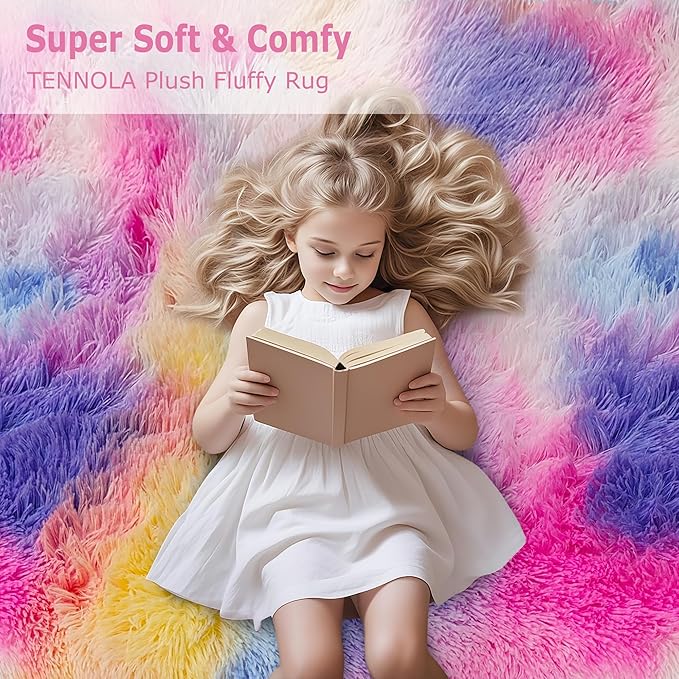 Large Hot Pink Rainbow Area Rug for Kids Room 8x10 Ft, Soft Plush Fluffy Princess Unicorn Rugs for Girls Bedroom, Cute Shaggy Colorful Carpet for Kids Teens Nursery Toddler Decor Aesthetic