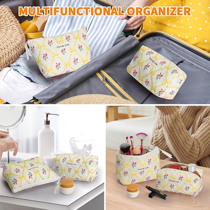 HAOGUAGUA 2 Pieces Makeup Bag, Small Large Quilted Cosmetic Bag, Travel Floral Make Up Toiletry Organizer Bag for Women Girls (2PCS STYLE A-6)