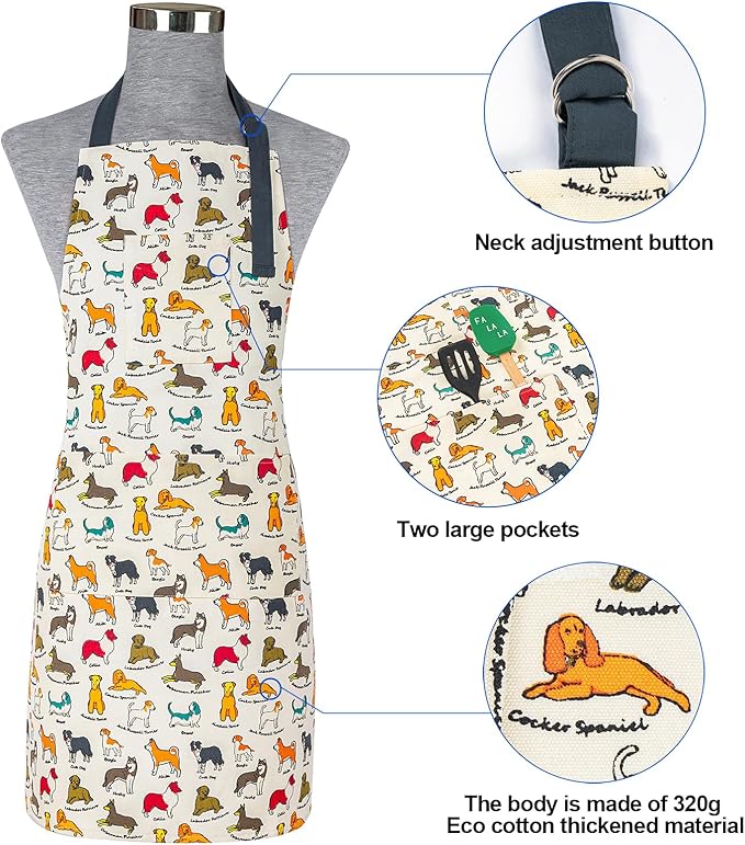 Oven Mitts and Pot Holders with Chef Apron,Set of 5 Heat Resistant Kitchen Gloves and Silicone Non-Slip Potholders Adjustable Neck Buckle Chef Apron, Cotton Nice Design for Cooking (Dog)