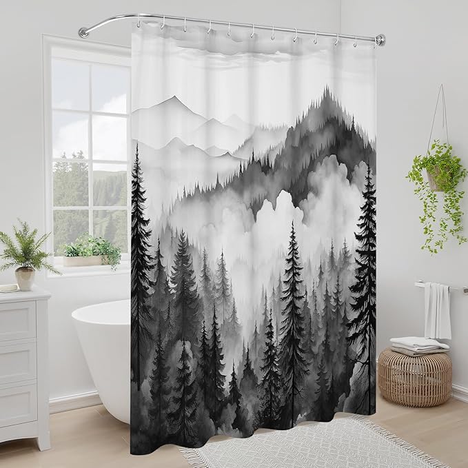 Litabel Black and Grey Misty Pine Forest Shower Curtain, Mountain Foggy Woodland Scenery Tree Shower Curtains for Chic Rustic Bathroom, Abstract Modern Waterproof Nature-Themed Decor, 72x72 Inches