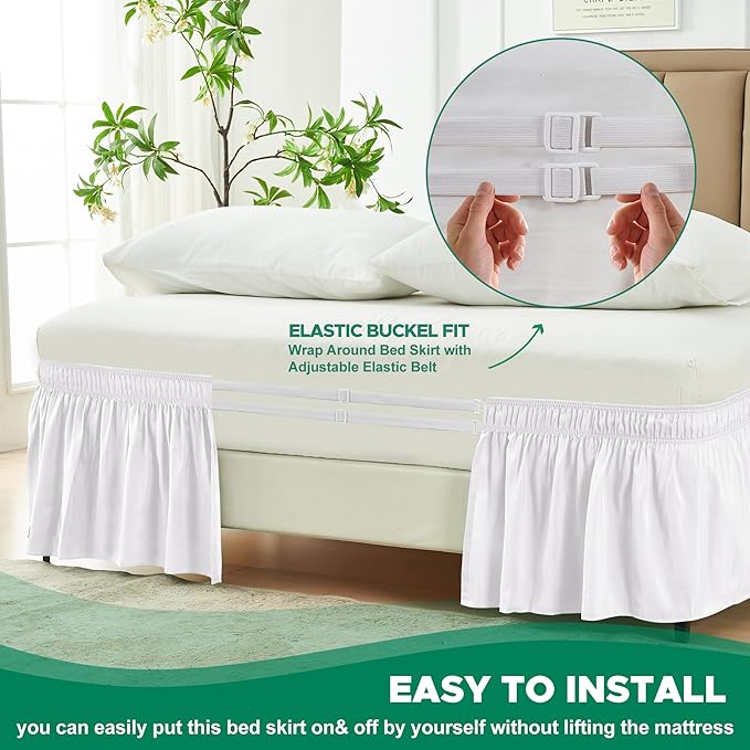 Biscaynebay Wrap Around Bed Skirts for Twin & Twin XL Beds with Short Drop of 12", White Adjustable Elastic Dust Ruffles Easy Fit Wrinkle Resistant Silky Luxurious Fabric Machine Washable