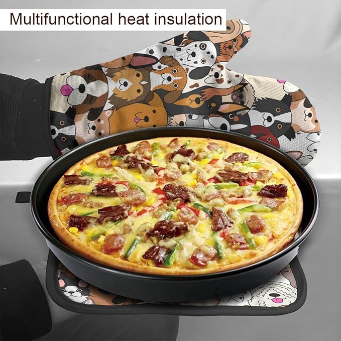 Cute Dogs Oven Mitts and Pot Holders Insulated Gloves & Kitchen Counter Safe Mats for Cooking BBQ Baking Grilling (2-Piece Set)