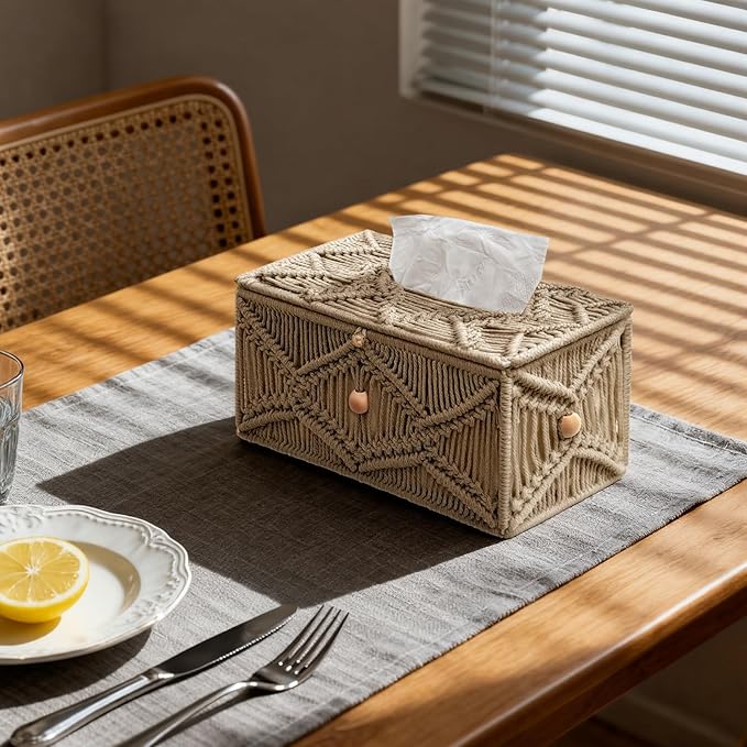 KaloKalo Handmade Tissue Box Cover Rectangle Decorative Macrame Boho Tissue Holder Cotton Rope Woven Napkin Facial Paper Organizer Bohemian Desk Storage Container with Buckle Wood Beads (Khaki)