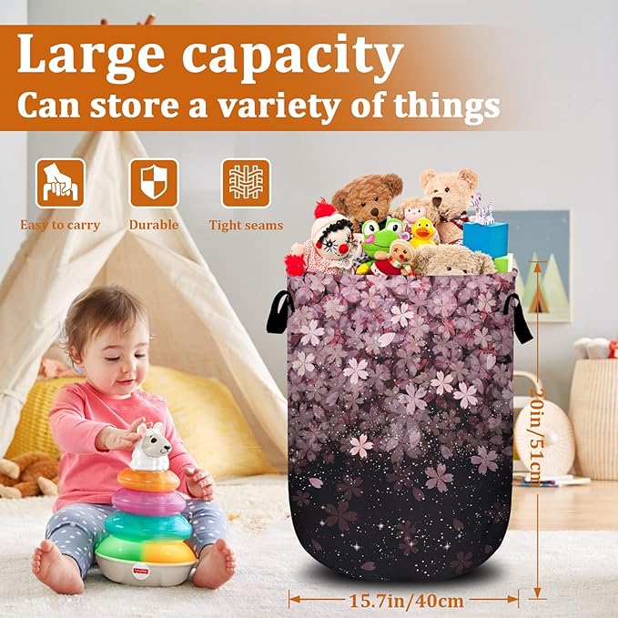 Pink Cherry Blossom Laundry Basket with Sturdy Handles, Glitter Flower Collapsible Oxford Cloth Laundry Hamper Organizer Basket for Bathroom Bedroom 15.7x20 Inch