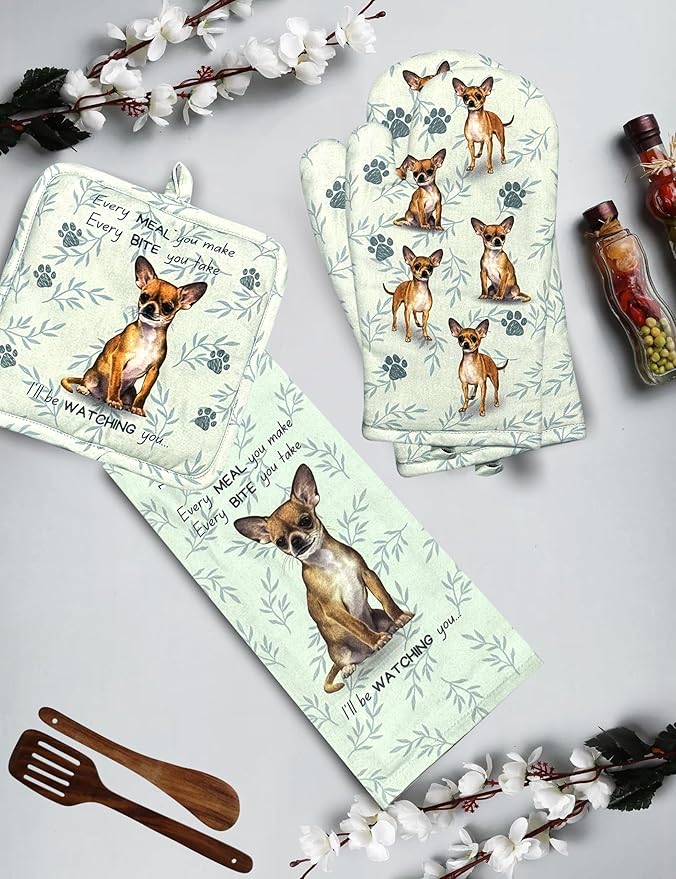 Chihuahua 3-Piece Kitchen Set - Oven Mitt, Pot Holder & Kitchen Towel Set, Heat Resistant up to 420 F, Soft Quilted Cotton for Cooking, Baking, BBQ, Pet Lover Gifts (Chihuahua tan)