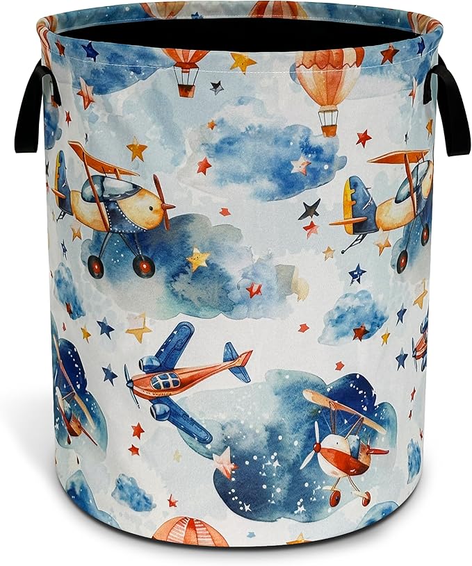 Airplane Laundry Basket Hot Air Balloon Clouds Foldable Waterproof Oxford Cloth Funny Tote Bag Laundry Hamper Clothes Storage Bucket Toy Organizer For Bathroom/Laundry Storage/Bedroom 18.9x16.5 Inch