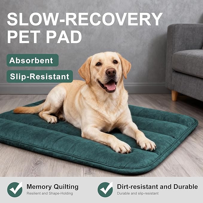 Fogkiss Dog Bed Mat, Reversible Dog Crate Pad with Washable Kennel Mat and Soft Foam, Flat Pet Bed for Dogs & Cats, for Crates Carriers & Travel (Green, 34" L*20" W*1.5" Th)