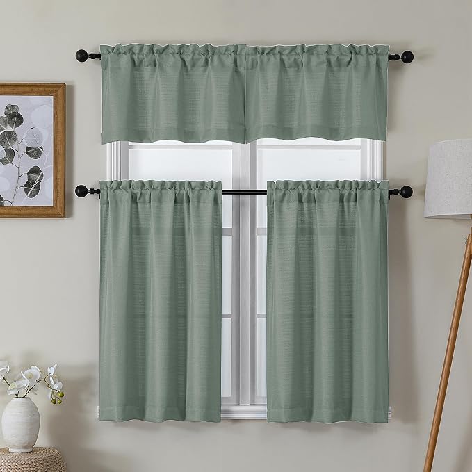 Lecloud Bessie Sage Green Kitchen Curtains 24 Inch Length 2 Panels Set, Faux Linen Cafe Short Curtains with Dual Rod Pocket, Window Curtain Tiers for Living Room/Bathroom, Each 30 W x 24 L