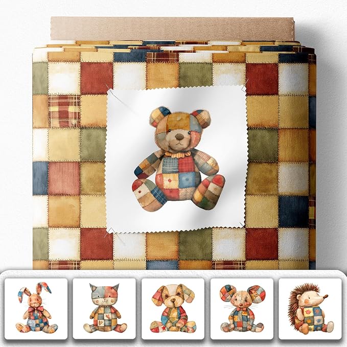 Patchwork Animals Cotton Fabric Panel – 6 Designs (10×10 inch Each) + Bonus Patchwork Sheet 29.5×19.6 inch, 100% Cotton 140 GSM