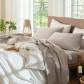 MooMee Bedding Sheet Set 100% Washed Cotton Linen Like Textured Breathable Durable Soft Comfy (Heathered Cream Grey, Split King)