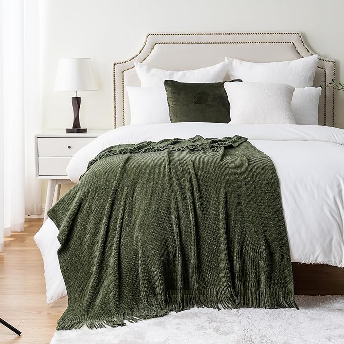 BATTILO HOME Olive Green Throw Blanket for Couch, Soft Chenille Knit Throws with Tassels for Home Decor, Green Blankets and Throws for Bed Couch Cover, 60"x80"