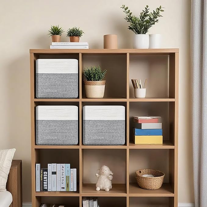 Gocjuaza 3 Pack Storage Cubes 11 Inch Cotton Rope Woven Baskets for Organizing Cube Bin Square Shelves Organizer,Classroom,Kids Toy Bins,Closet,Baby Nursery(Grey)
