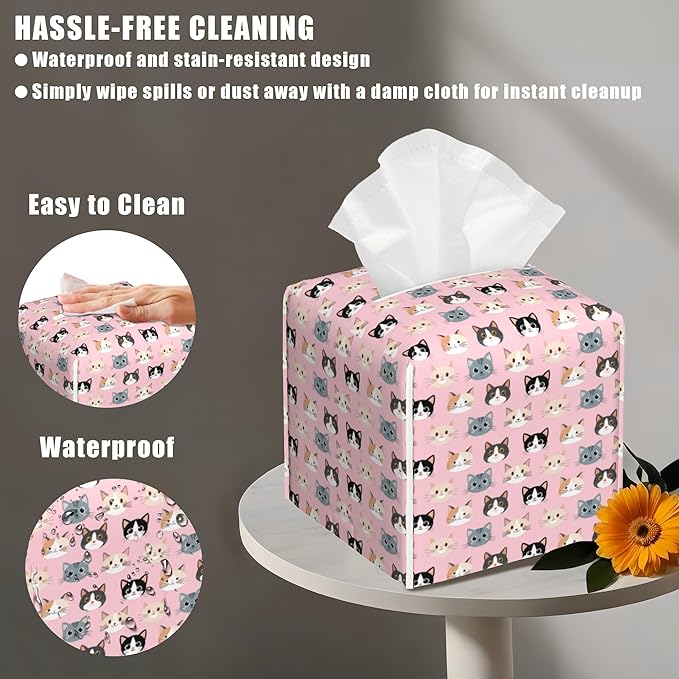 Leather Tissue Box Holder Cute Cat Faces Tissue Box Cover Facial Paper Case Organizer Cube Napkin Dispenser for Bathroom Vanity Countertop Night Stand Office Car