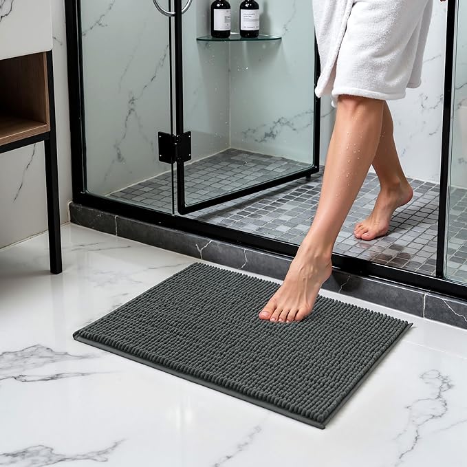 SUBRTEX Bathroom Rugs Chenille Bath Rug Soft Short Plush Bath Mat Soft Shower Mat Water Absorbent Shower Mat Quick Dry Machine Washable(Gray,16" x 24")