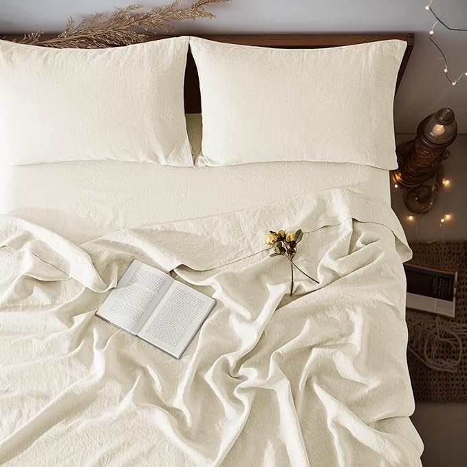 LBRO2M 100% Linen Sheet Set Twin Size,Bed Sheets 3 Piece Sets,Solid Color Natural Flax Bed Sheets Soft Breathable Bedding,16" Deep Pocket,All Season (Twin, Beige)