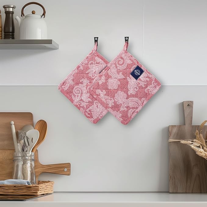 Pot Holders for Kitchen | Heat Resistant Pads | Set of 2 | Hot Dish Holder Sets | 8x8 in |for Cooking, Baking, Grilling, Microwave & BBQ, Chambray Red by Encasa XO
