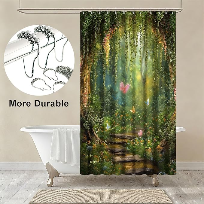 mutakin Green Tree Shower Curtain Butterflies Shower Curtains for Bathroom Waterproof Fabric Bath Curtain Decor with Hooks