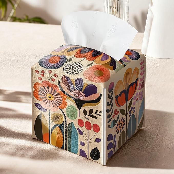Scandinavian Boho Tissue Box Holder, Norwegian Folk Floral Leather Tissue Box Cover Square, Paper Napkins Everyday Dispenser for Bathroom Night Stands Kitchen Office Car Home Decor